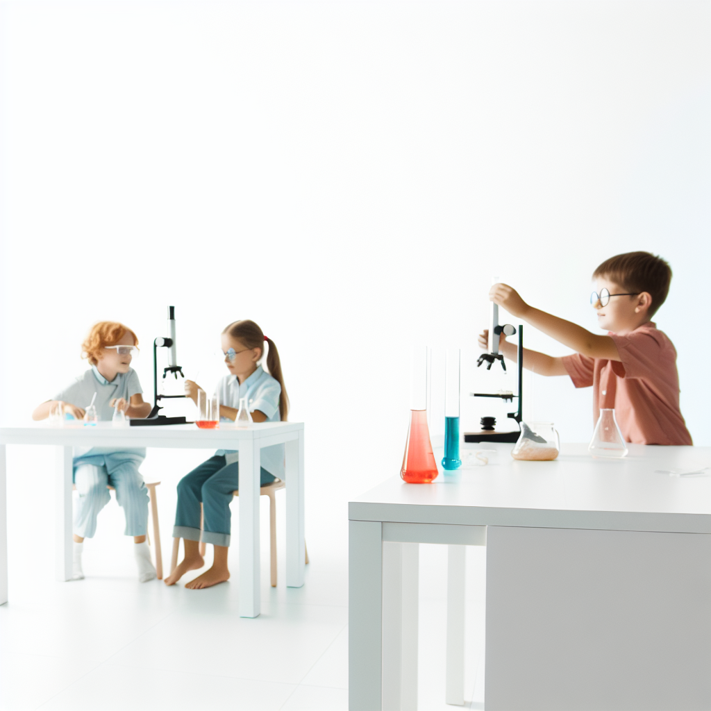 İlkokul öğrencileri basit fen deneyleri yaparken sınıf görüntüsü ve ekipmanlar